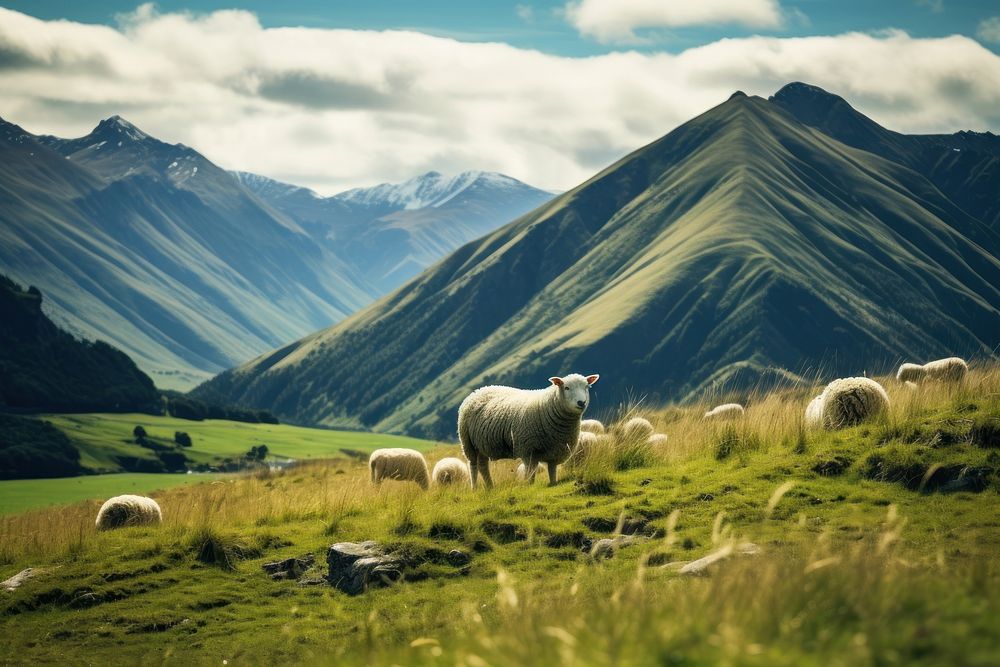 Sheep eating grass sheep landscape grassland. AI generated Image by rawpixel.