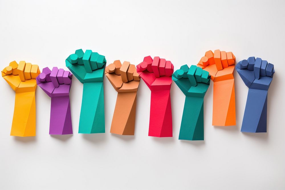 Diverse fists raising paper art white background. AI generated Image by rawpixel.