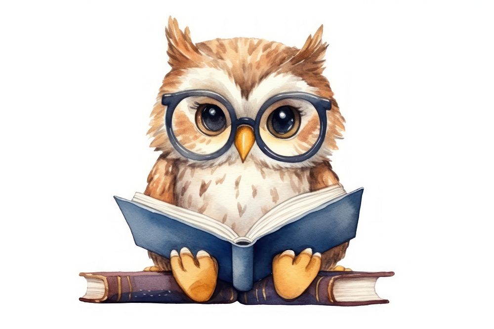 Cute owl reading book publication bird white background. 