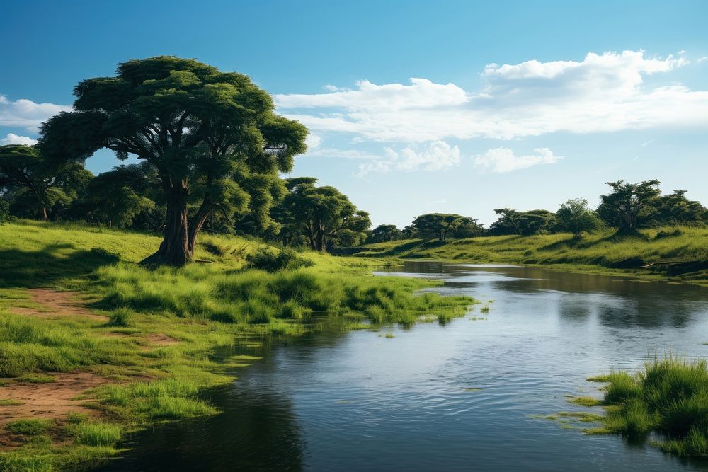 African lake nature landscape grassland. AI generated Image by rawpixel.