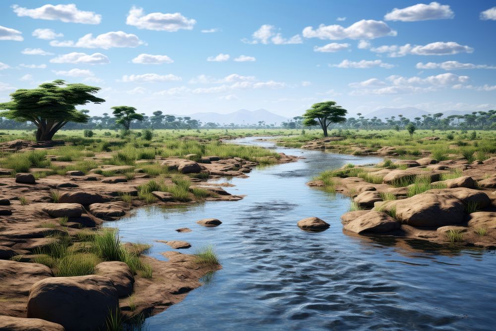 African river nature wilderness vegetation. AI generated Image by rawpixel.