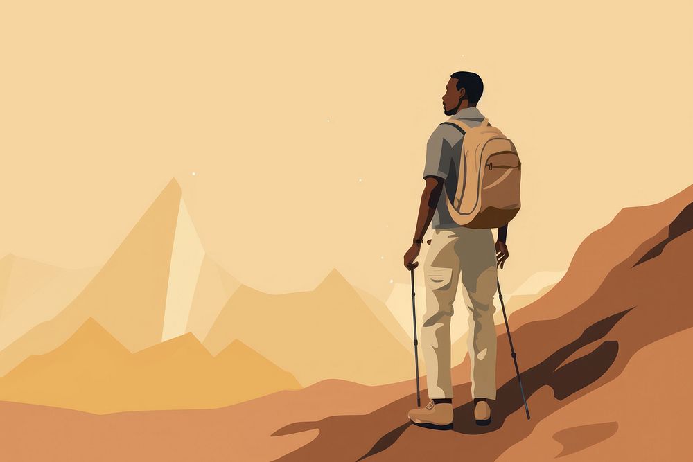 Black man hiking adventure standing backpack. AI generated Image by rawpixel.