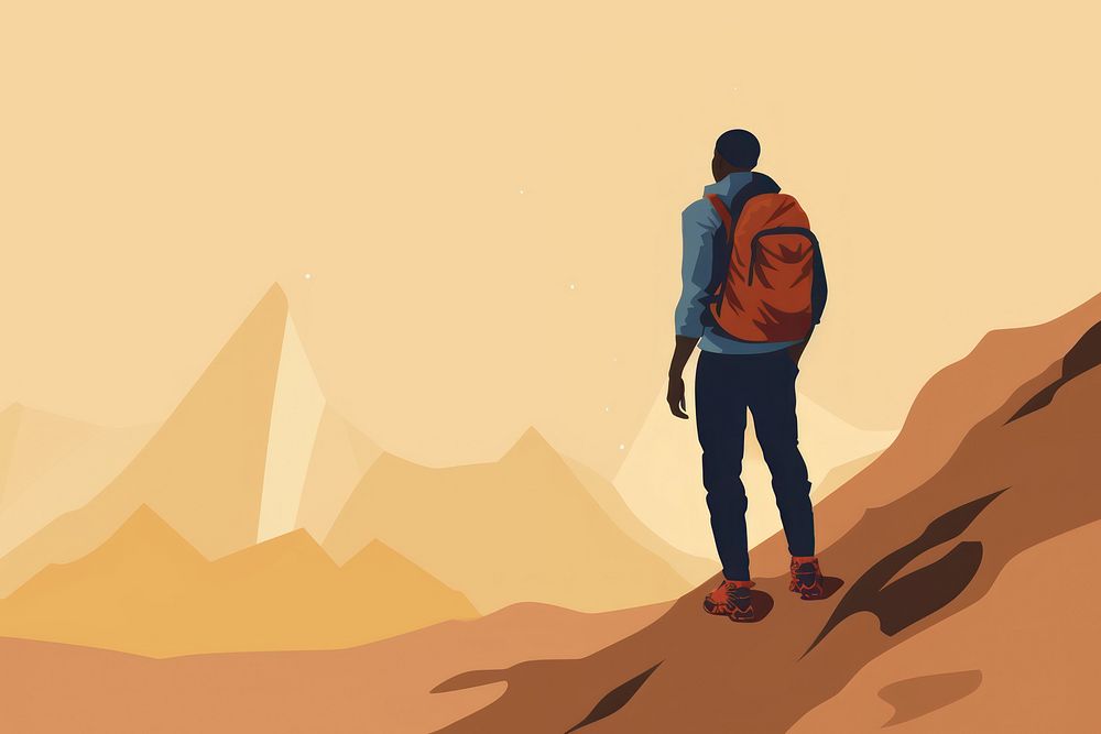Black man hiking backpacking adventure standing. AI generated Image by rawpixel.
