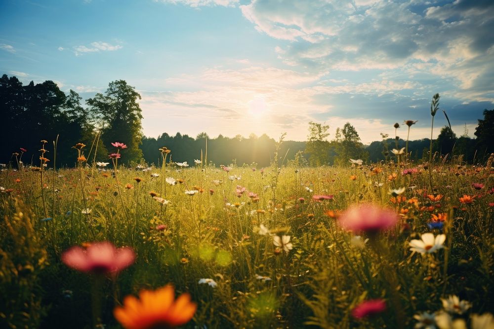 Meadow sun landscape grassland. AI generated Image by rawpixel.
