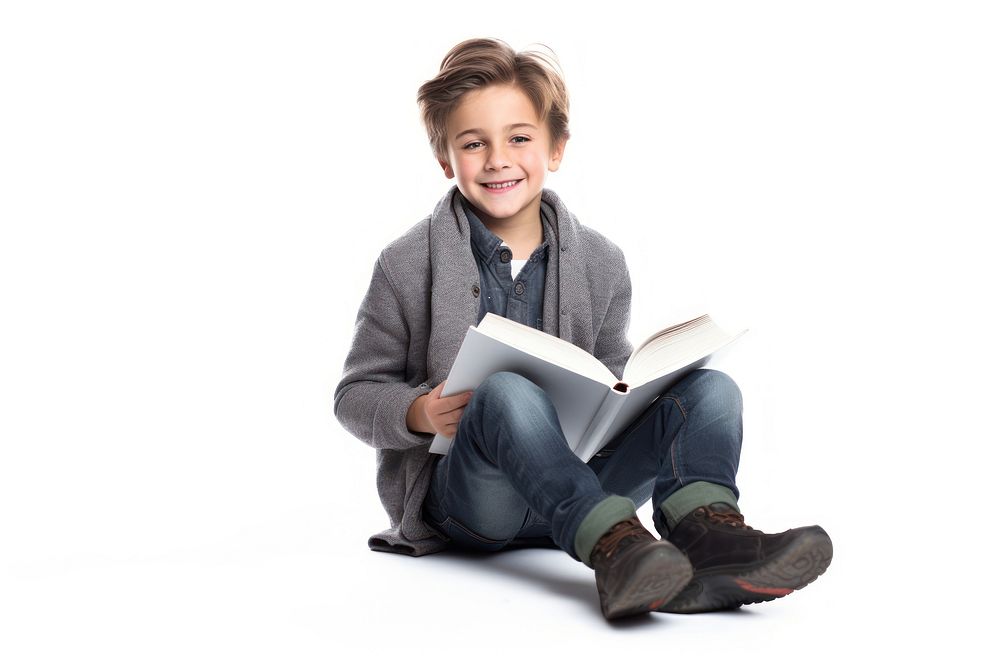 Boy reading sitting child. 