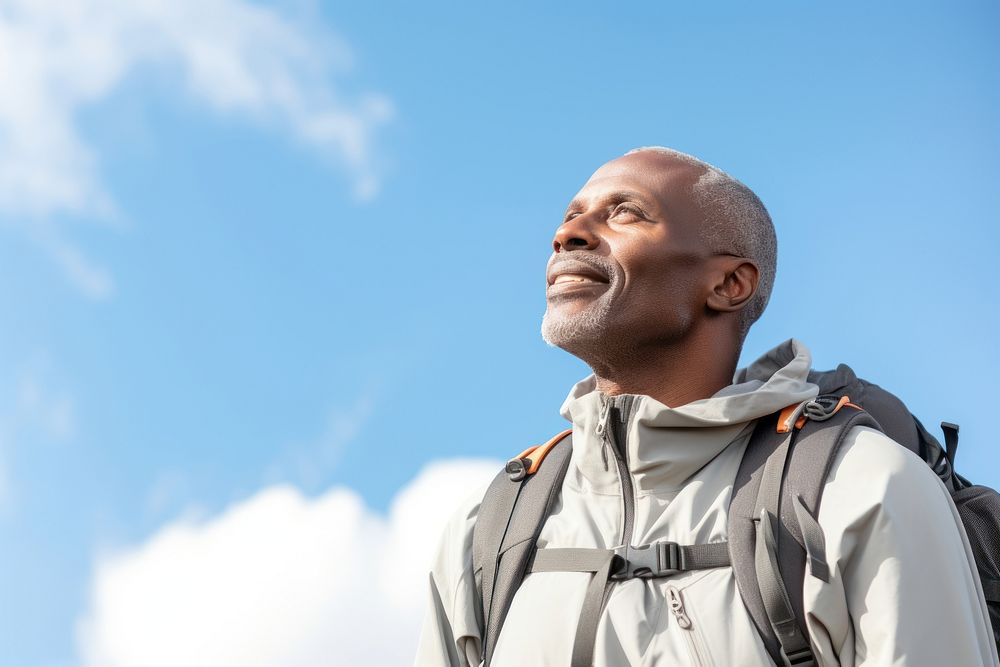 Senior man hiking backpack looking adult. 