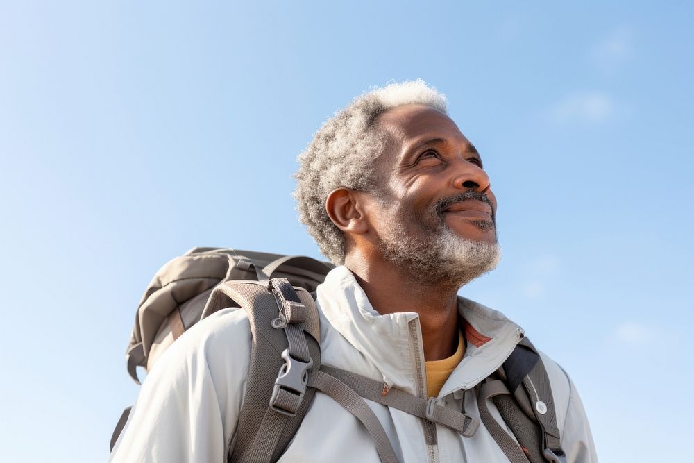 Senior man hiking backpack looking adult. 