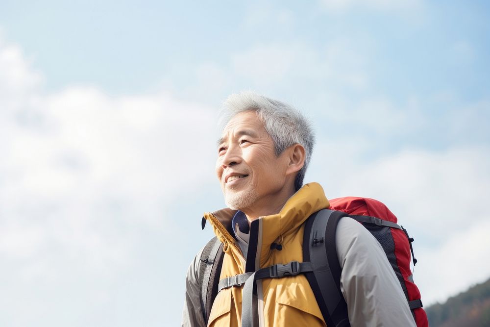 Senior man hiking backpack looking adult. 