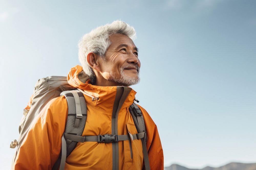 Senior man hiking backpack adult sky. AI generated Image by rawpixel.