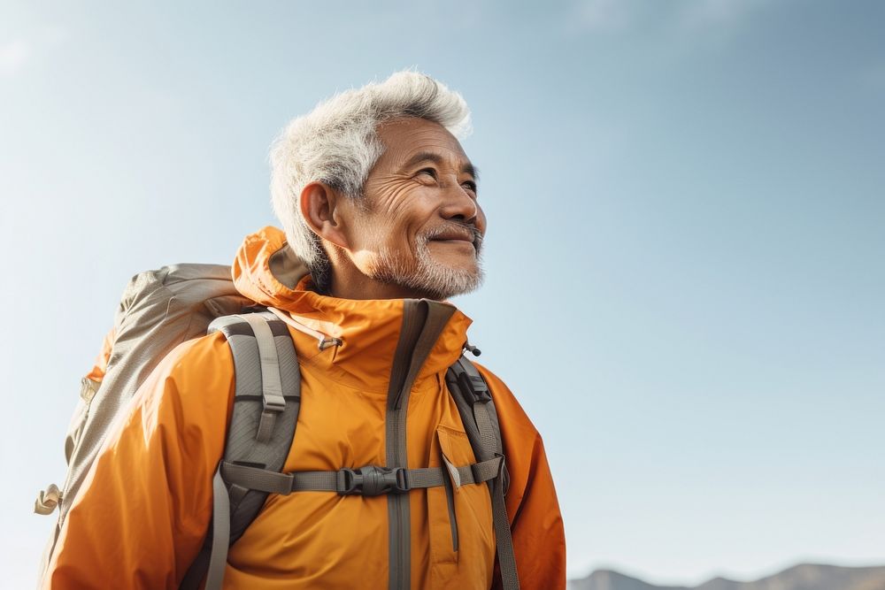 Senior man hiking backpack adult sky. 