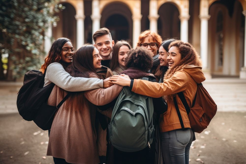 Diverse students study abroad laughing hugging adult. 