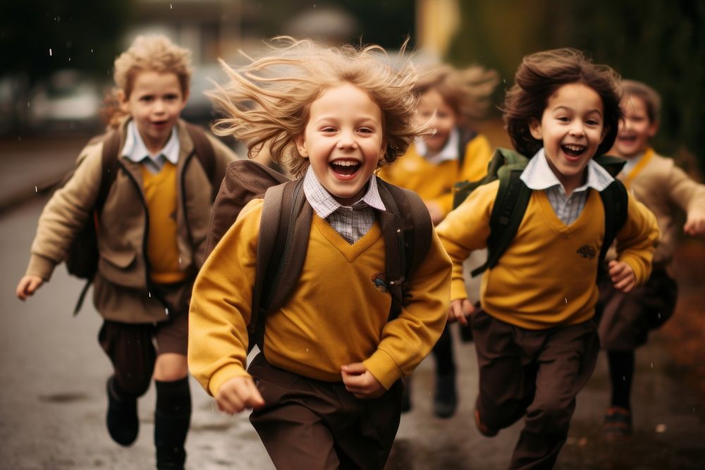 Schoolchildren running around laughing portrait photo. AI generated Image by rawpixel.