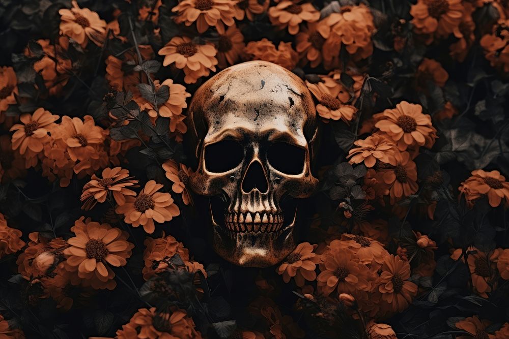 Skull buried autumn flower plant. AI generated Image by rawpixel.