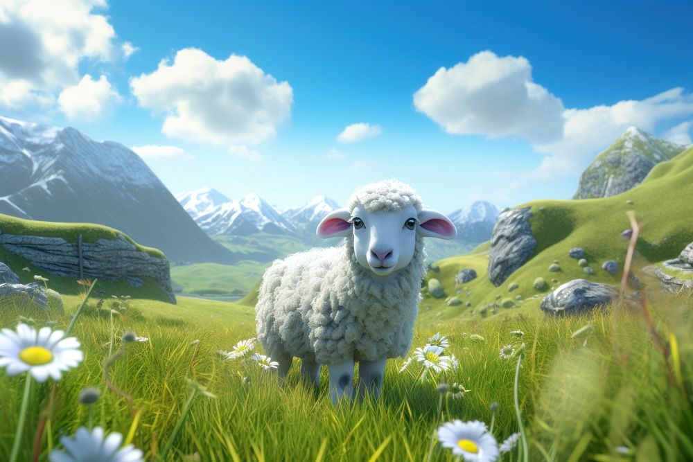 Sheep eating grass sheep landscape grassland. AI generated Image by rawpixel.