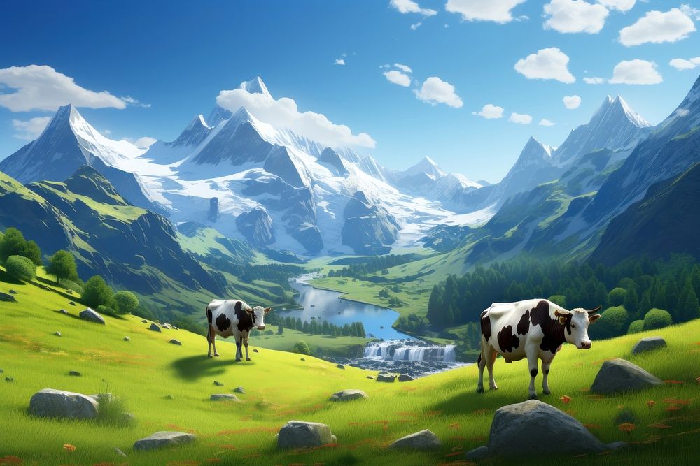 New Zealand cow landscape grassland. AI generated Image by rawpixel.