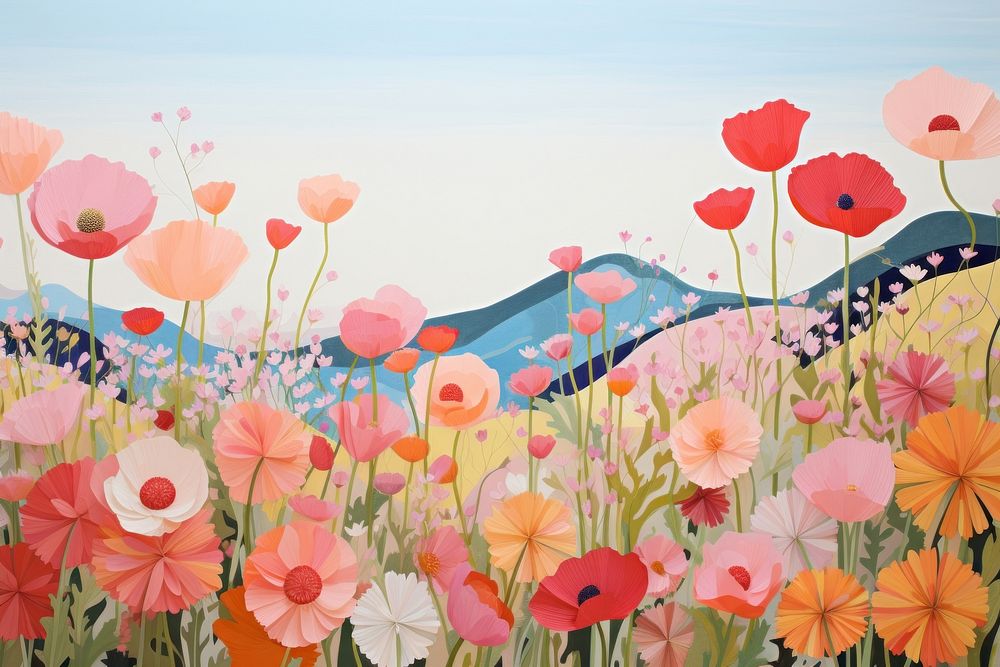 Flower field painting outdoors nature. 