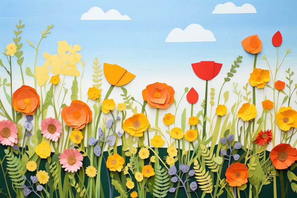 Flower field painting outdoors nature. 