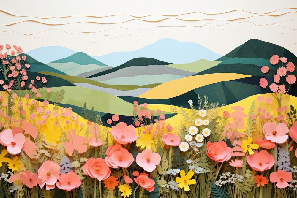 Flower field painting pattern plant. AI generated Image by rawpixel.