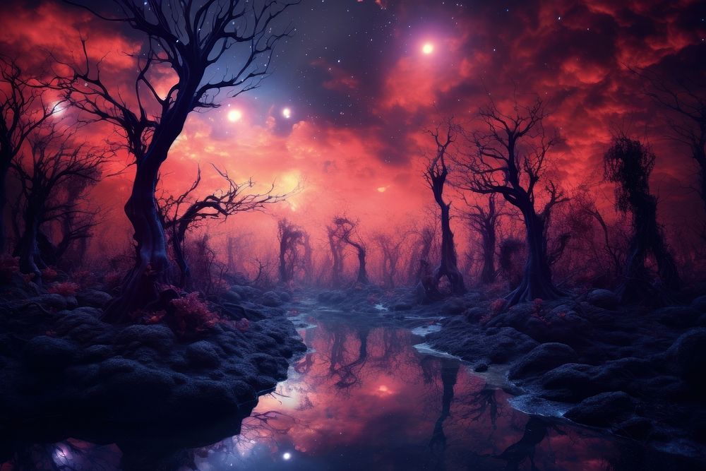 Sky above enchanted forest landscape outdoors surreal. AI generated Image by rawpixel.