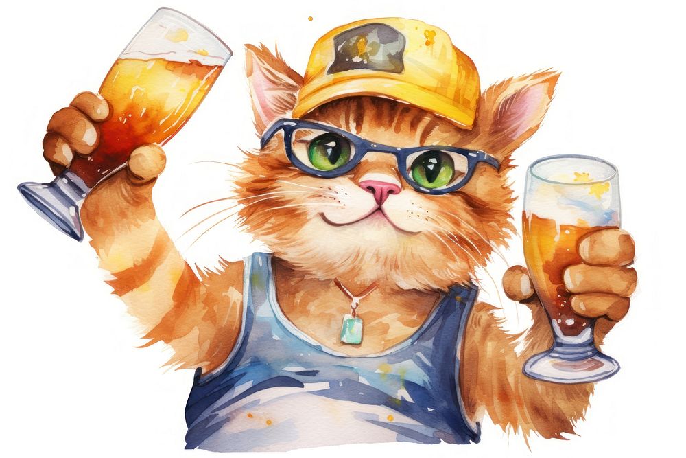 Cat drinking a beer white background carnivora headwear. AI generated Image by rawpixel.