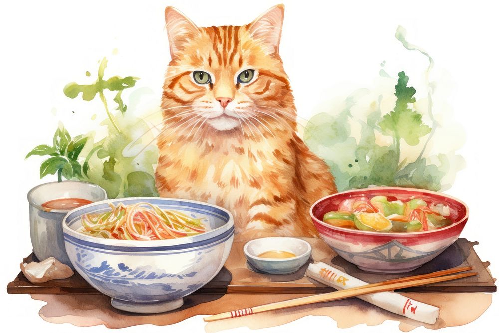 Cat selling a udon mammal animal dish. AI generated Image by rawpixel.
