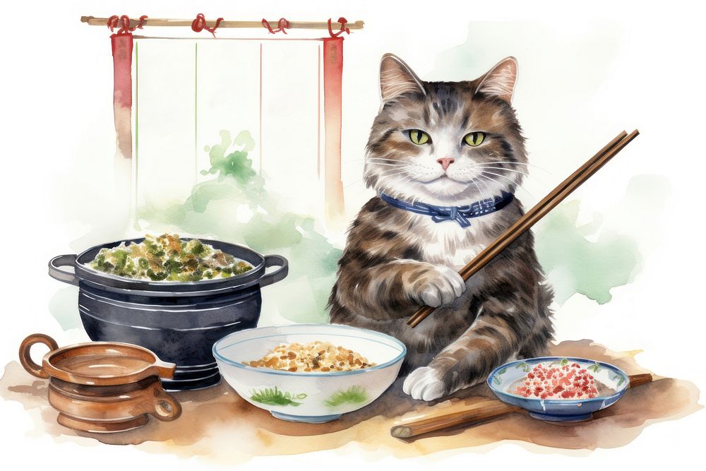 Cat selling a udon chopsticks mammal animal. AI generated Image by rawpixel.