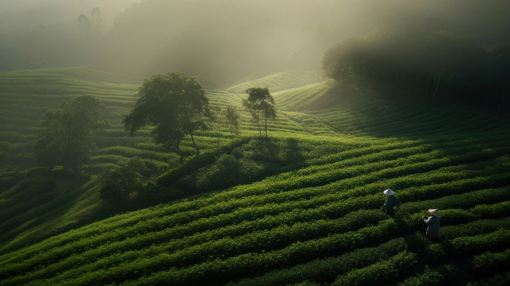 A Chinese tea pickers in a serene tea garden. AI generated Image by rawpixel. 