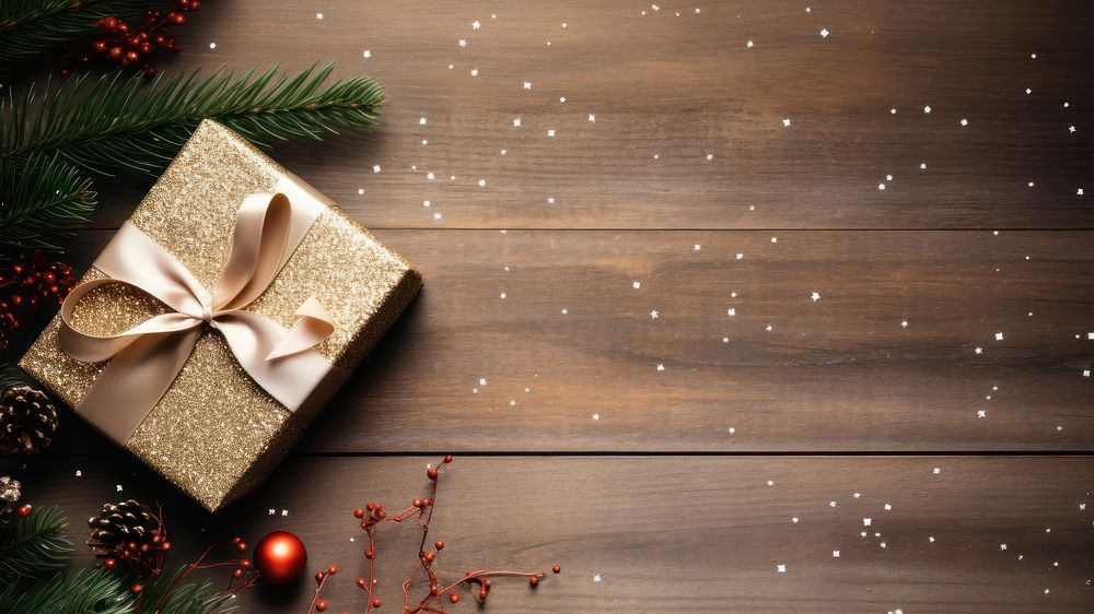 flatlay photo of christmas gift box ribbon ornaments pine branch mistletoe glitter minimal on wood table.  