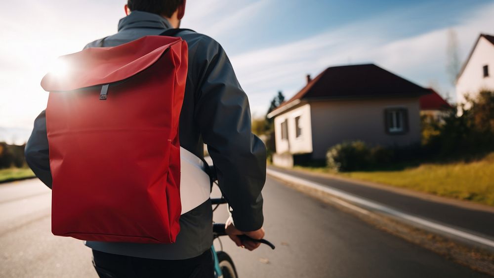 photo of a delivery rider wearing color jacket back view with white plain bag on a bike.  