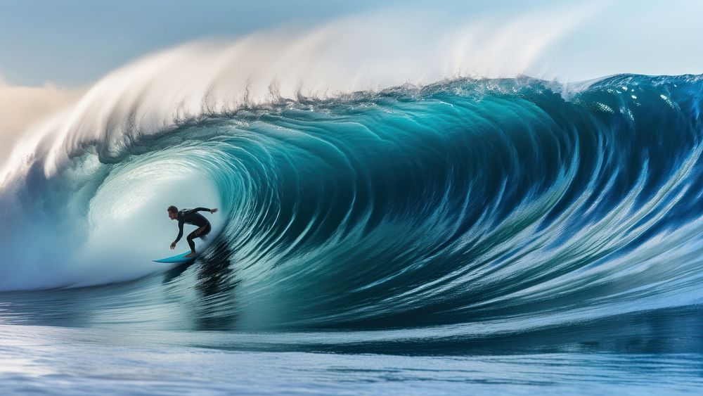 Photo of a woman Surfing in the blue wave ocean.  