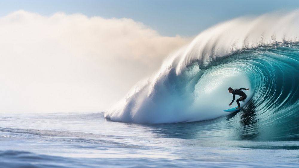 Photo of a woman Surfing in the blue wave ocean.  