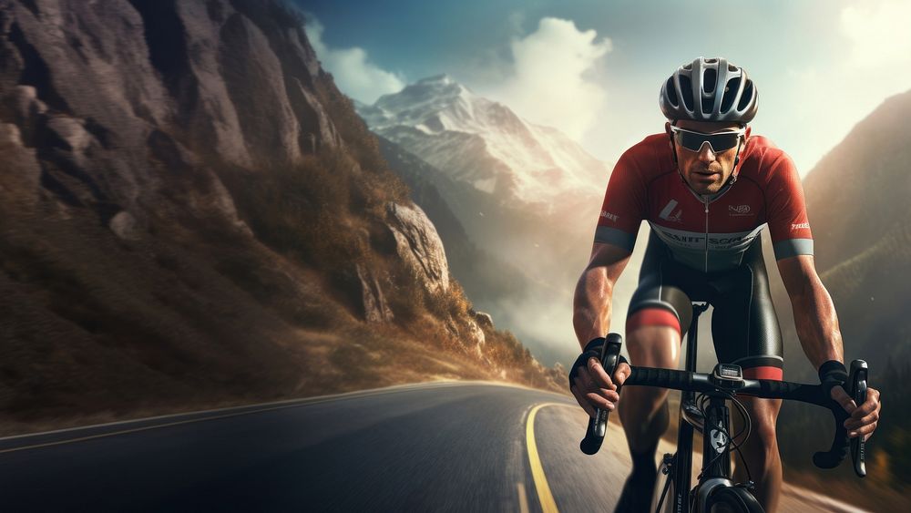 photorealistic of a male race cyclist driving up mountain road. AI generated Image by rawpixel. 