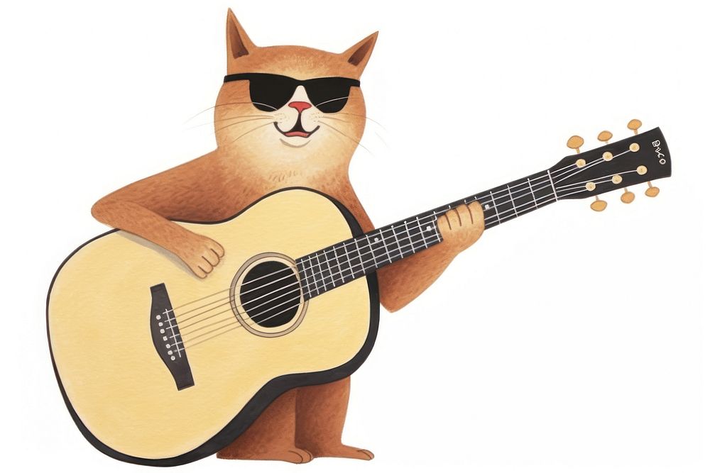 Cat wearing sunglasses guitar white background performance. 