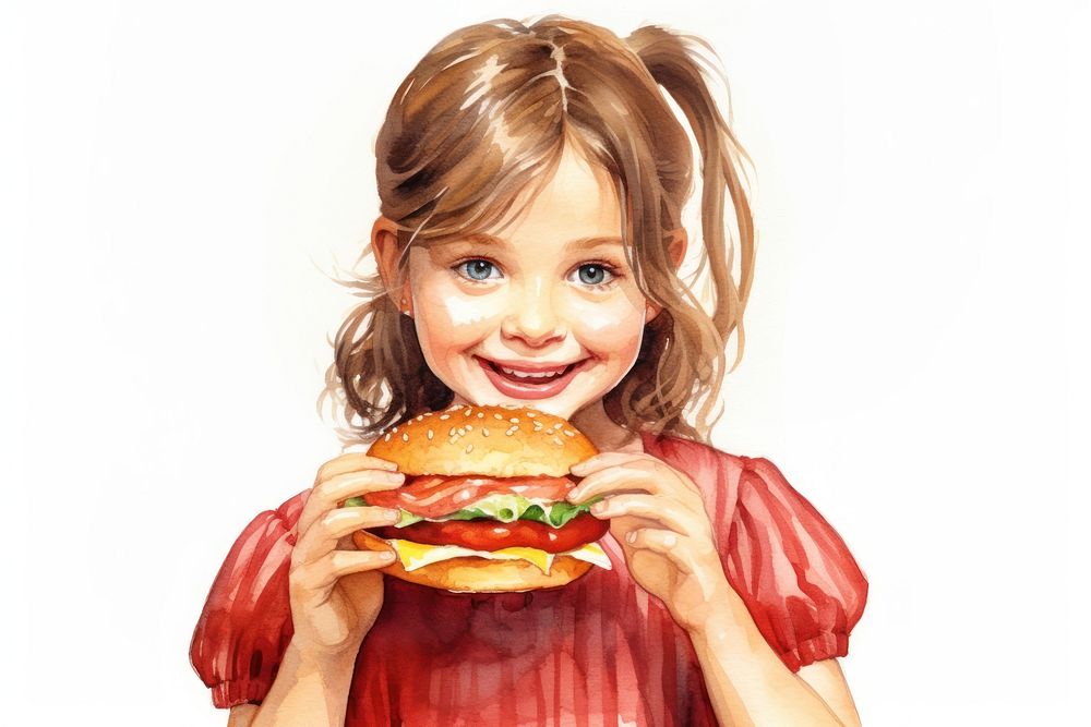 Girl eating burger biting child food. AI generated Image by rawpixel.