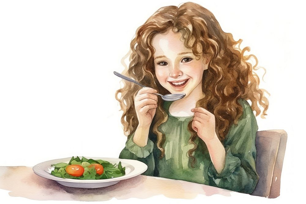 Girl eating salad plate fork food. AI generated Image by rawpixel.