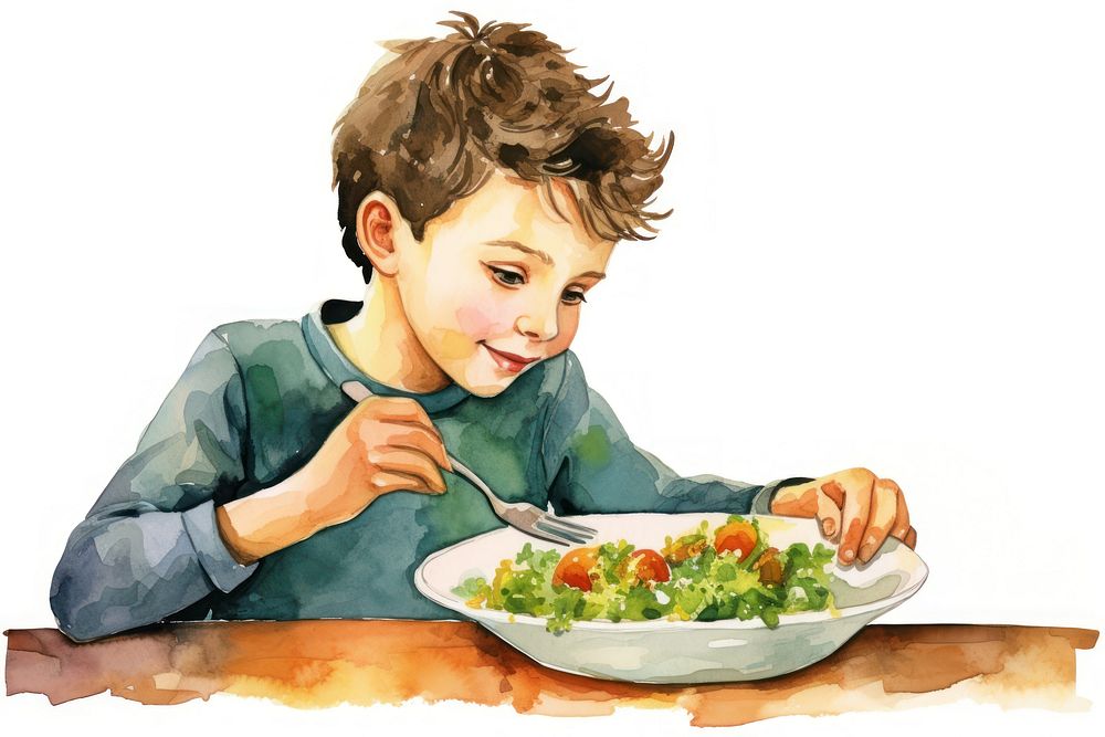 Kid eating salad plate food vegetable. AI generated Image by rawpixel.