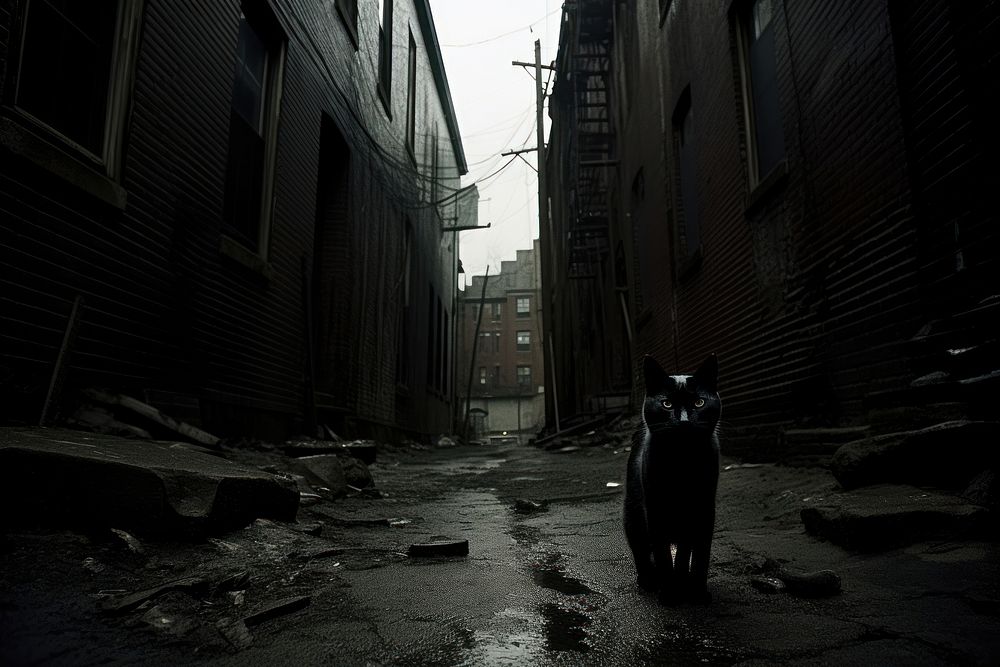 Black cat alley street city. AI generated Image by rawpixel.