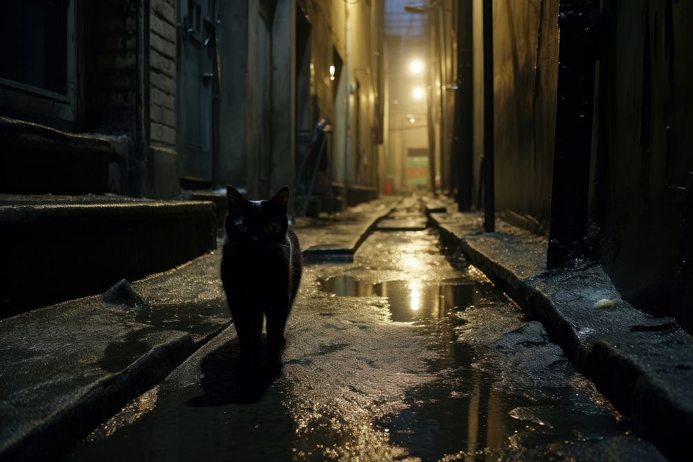 Black cat alley street mammal. AI generated Image by rawpixel.