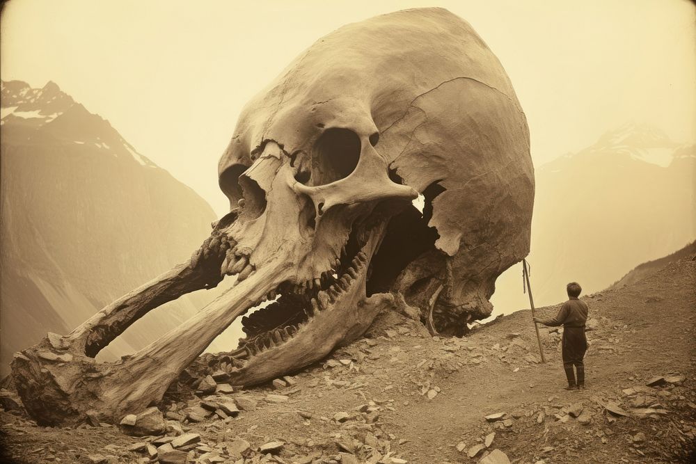 Giant skull mountain walking monochrome. AI generated Image by rawpixel.