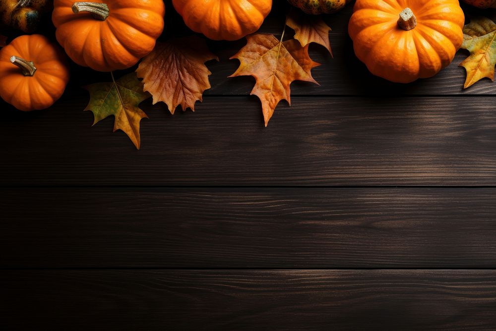 a top view photo of Pumpkins and maple leaves. 