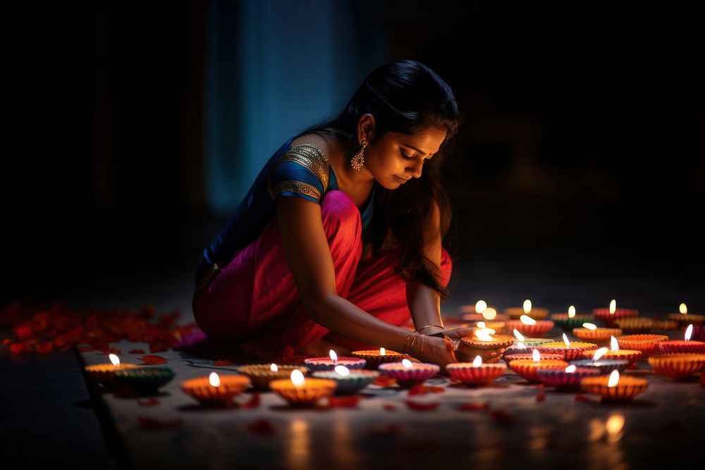 close up shot of Indian woman hand lighting diyas on Rangoli decorations on floor in Diwali festival. 