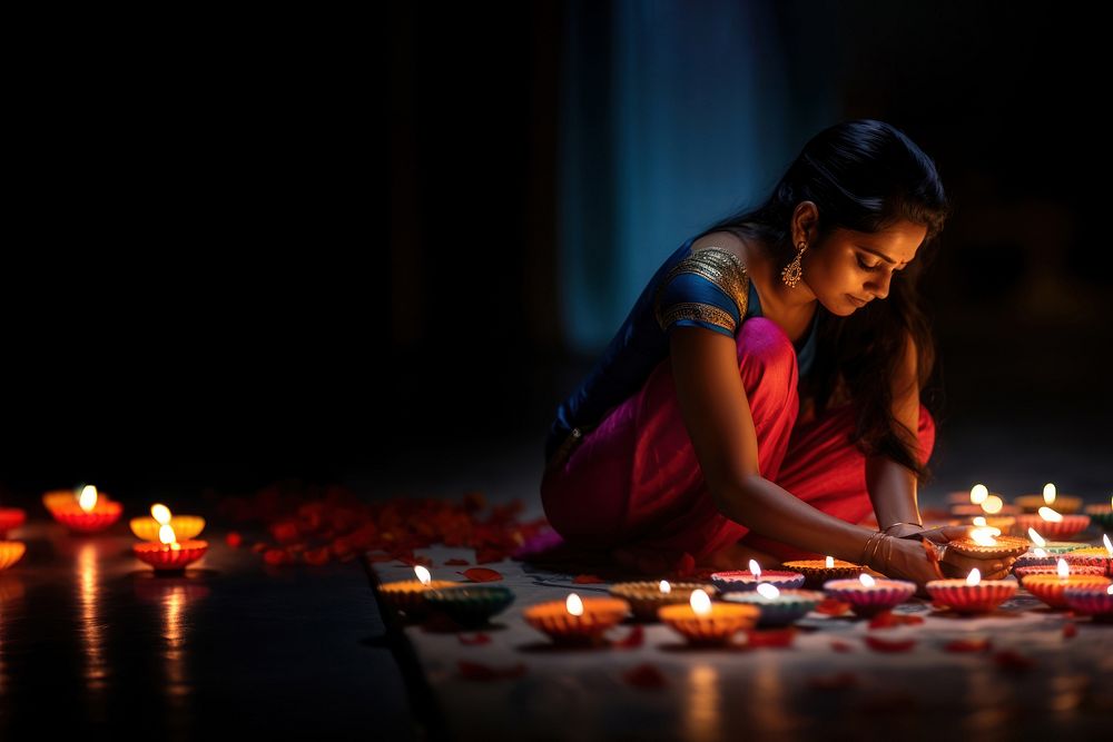 close up shot of Indian woman hand lighting diyas on Rangoli decorations on floor in Diwali festival. 