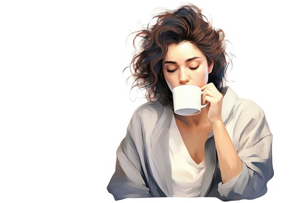 Sleepy woman drinking coffee cup mug white background. AI generated Image by rawpixel.