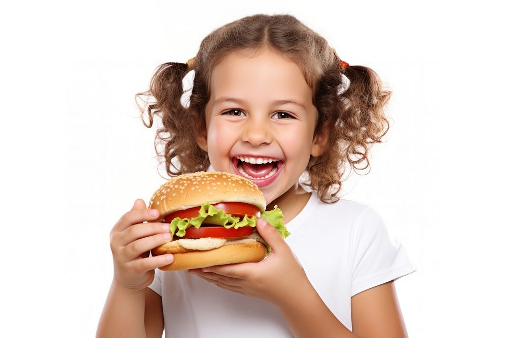 Girl eating burger child food white background. AI generated Image by rawpixel.
