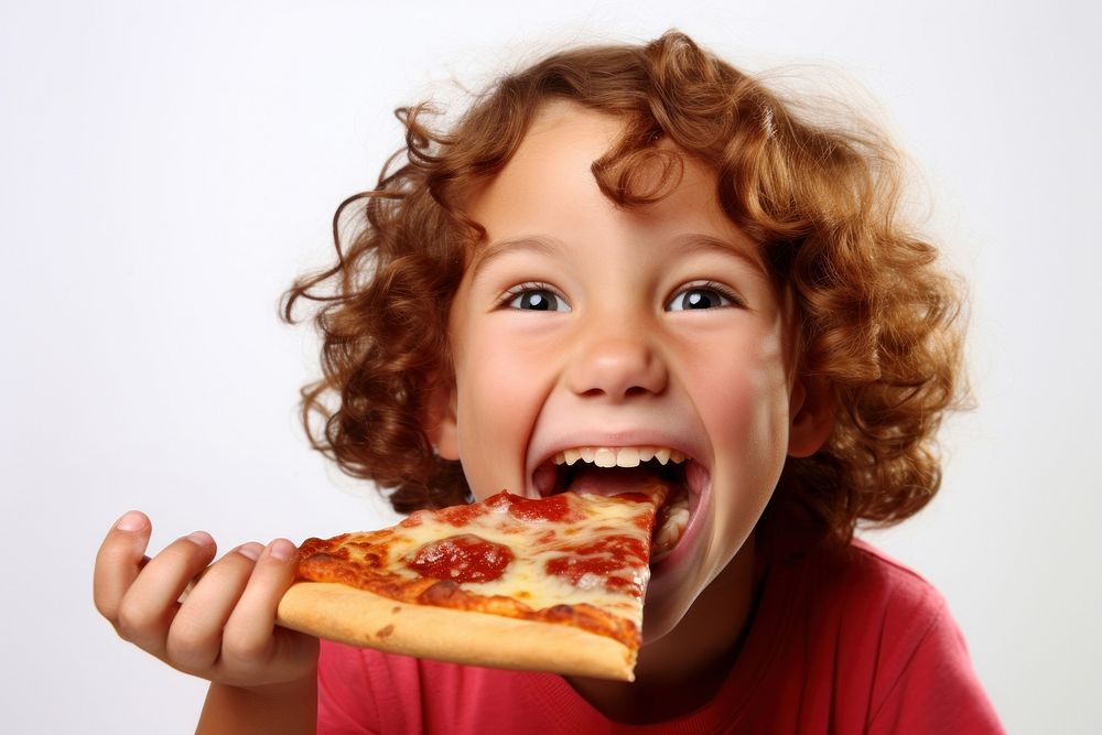 Girl eating pizza biting food baby. AI generated Image by rawpixel.