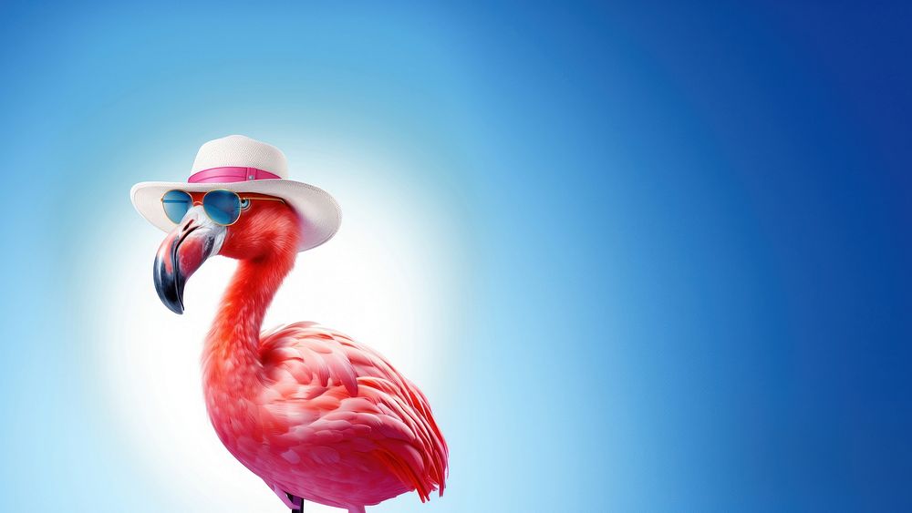 Flamingo wearing summer hat wearing sunglasses. 