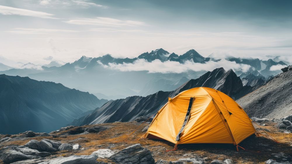 photo of tent at mountain, isolated on solid background.  