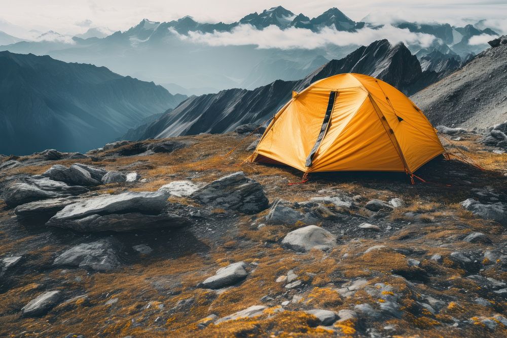 photo of tent at mountain, isolated on solid background.  