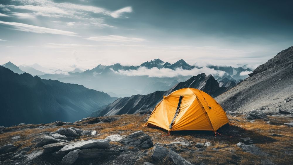 photo of tent at mountain, isolated on solid background.  