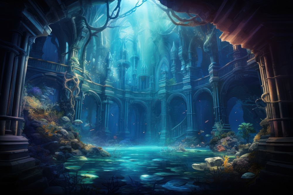 Underwater kingdom fantasy architecture illuminated. AI generated Image by rawpixel.